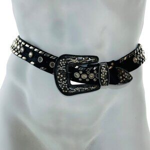LEATHERBACK Women's Belt Leather Rhinestone Silver Metal Studded Western Size L
